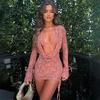 Fashion Women's New Pure Color Casual Lace Up Lace Long Sleeves Top Skirt Backless See-through Deep V Strap Suit
