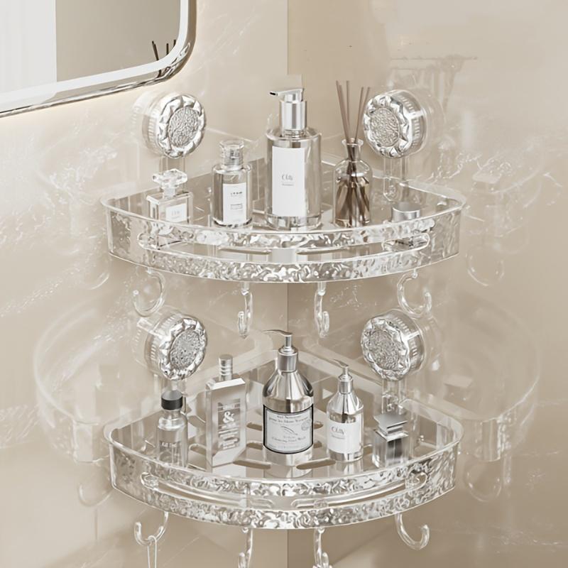 Waterproof Transparent PET Plastic Corner Shelf with Suction Cup Hooks, Matte Finish, Wall-Mounted Bathroom Organizer,with Strong Suction for Bathroom