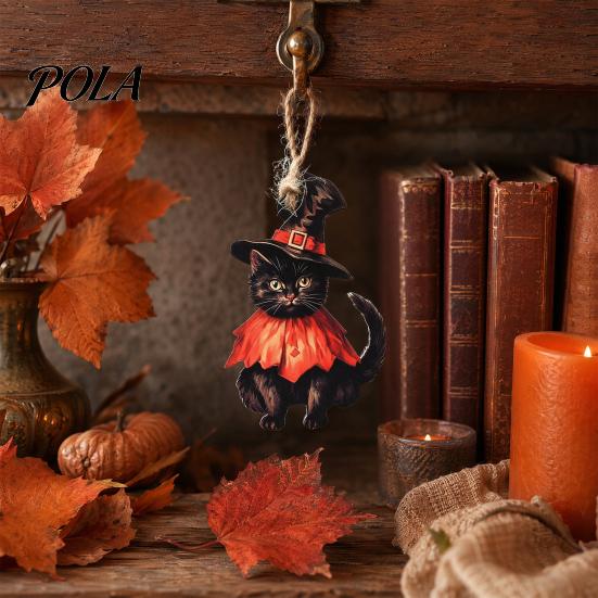 Vintage Wooden Witch Cat Pendant Halloween Hanging Ornament, Decorative Pendant, Black Wood Chips Cute Holiday Party Favors for Tree And Window Decor