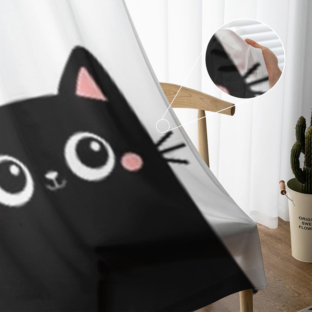 Two Black Kitten Sheer Curtains For Living Room Window Transparent Voile Tulle Curtain Bedroom Drapes Home Decor