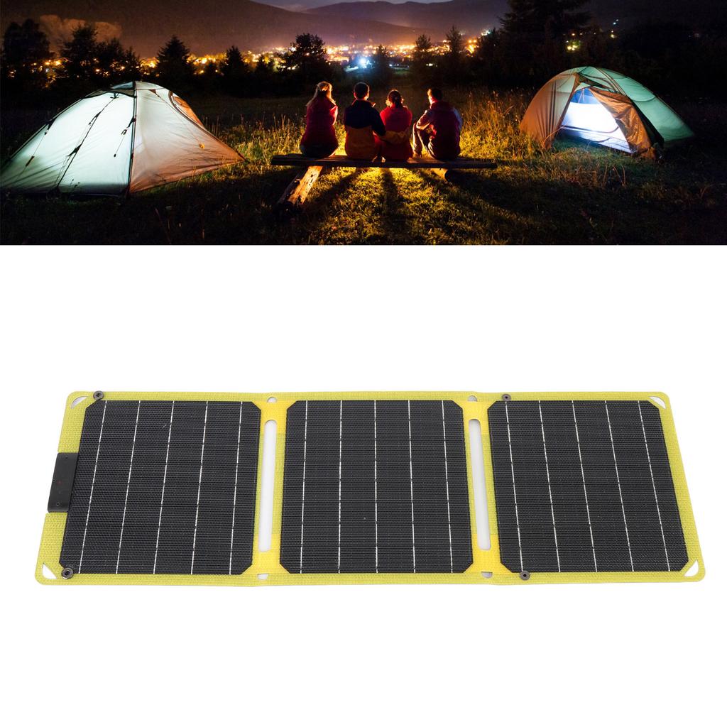 Foldable Solar Panel 30W Monocrystalline 3 Fold ETFE Ultra Thin Portable Solar Charger with 2 TYPE C Output for Phone Computer Fluorescent Yellow