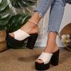 Women's Summer Thick-Soled Leather Black Platform High-Heel Peep-Toe Slide Sandals, Anti-Slip Wedge Style.