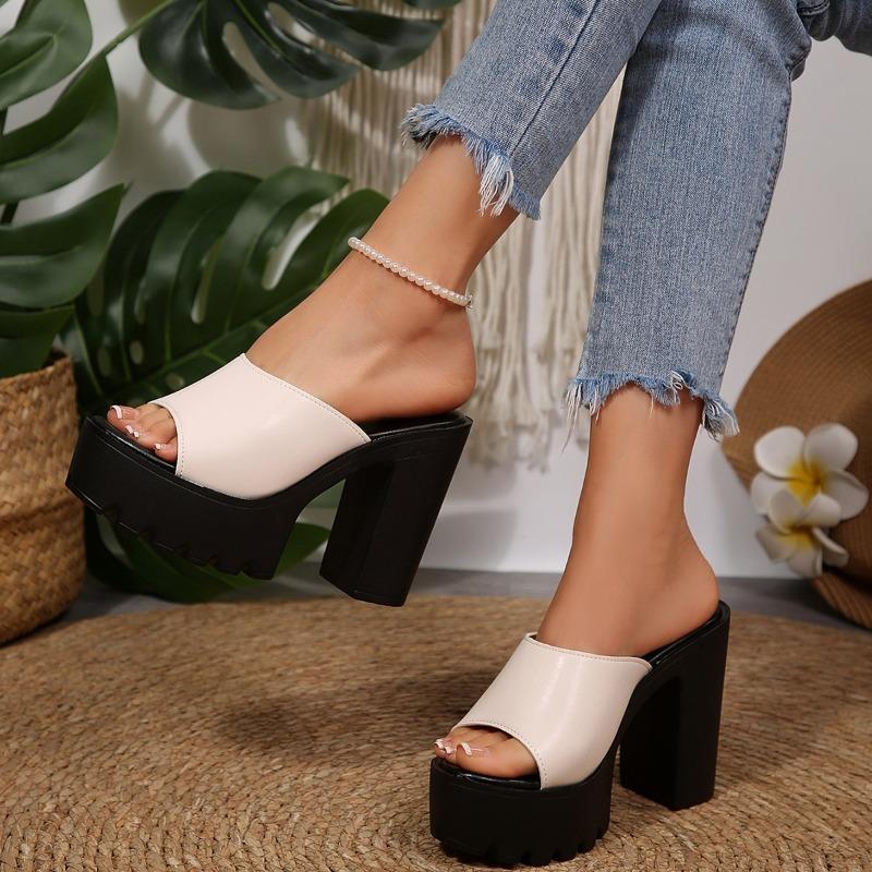 Women's Summer Thick-Soled Leather Black Platform High-Heel Peep-Toe Slide Sandals, Anti-Slip Wedge Style.