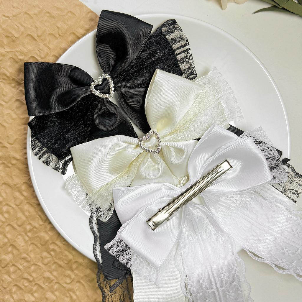 2pcs Long Ribbon Bow Hair Clips Long Tassel Bow Hairpins Lace Embroidered Bow Barrette With Rhinestone Heart For Women Girls