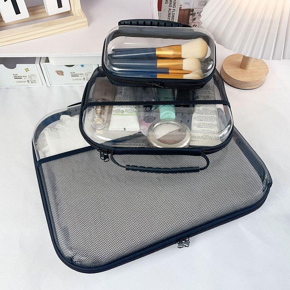 Front Mesh Pocket Toiletries Packaging Bag Transparent Zippered Hard Pouch Small Items