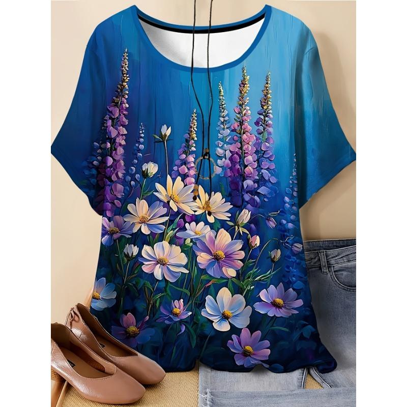 Large Women s Floral Printed T-shirt - Round Neck Casual Top, Spring/Summer Fashion Gift, Elegant Digital Printing S