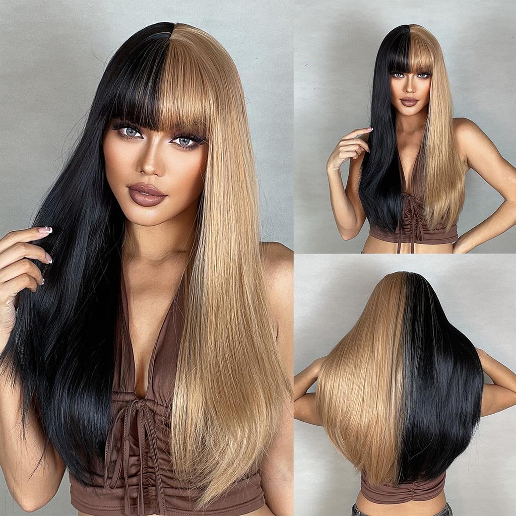 Long Wavy Layered Black-Brown Shoulder-Length Wigs With Bangs Heat Resistant Synthetic Wigs for Women Cosplay Daily Natural Wigs