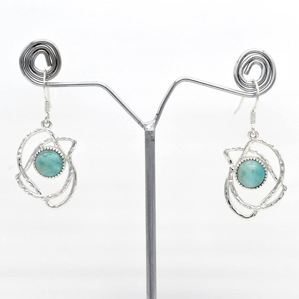 Round Shaped Natural Larimar (5.04 Cts) Solid 925 Sterling Silver Gemstone Dangling Earrings Jewelry For Women or Girls