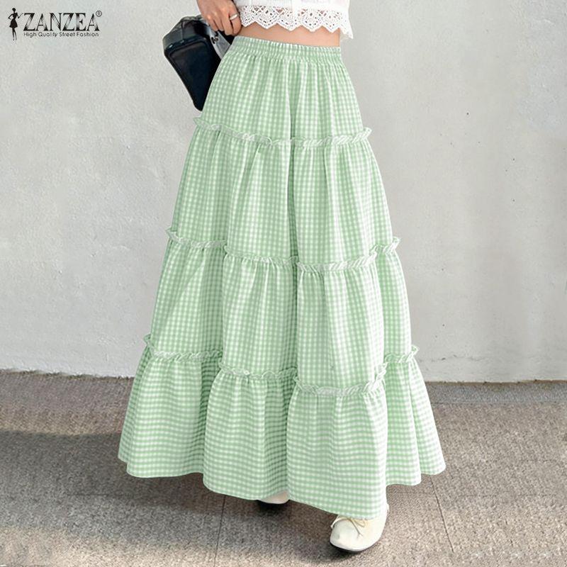 ZANZEA Women Casual Elastic Waist Loose Plaid Print Long Skirts