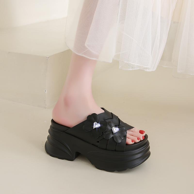 Fashion 8CM Fashion Crystal Platform High Slippers Women Open Toe Wedges Sandals Summer Soft Slipper Indoor Outdoor Leisure Beach Shoes