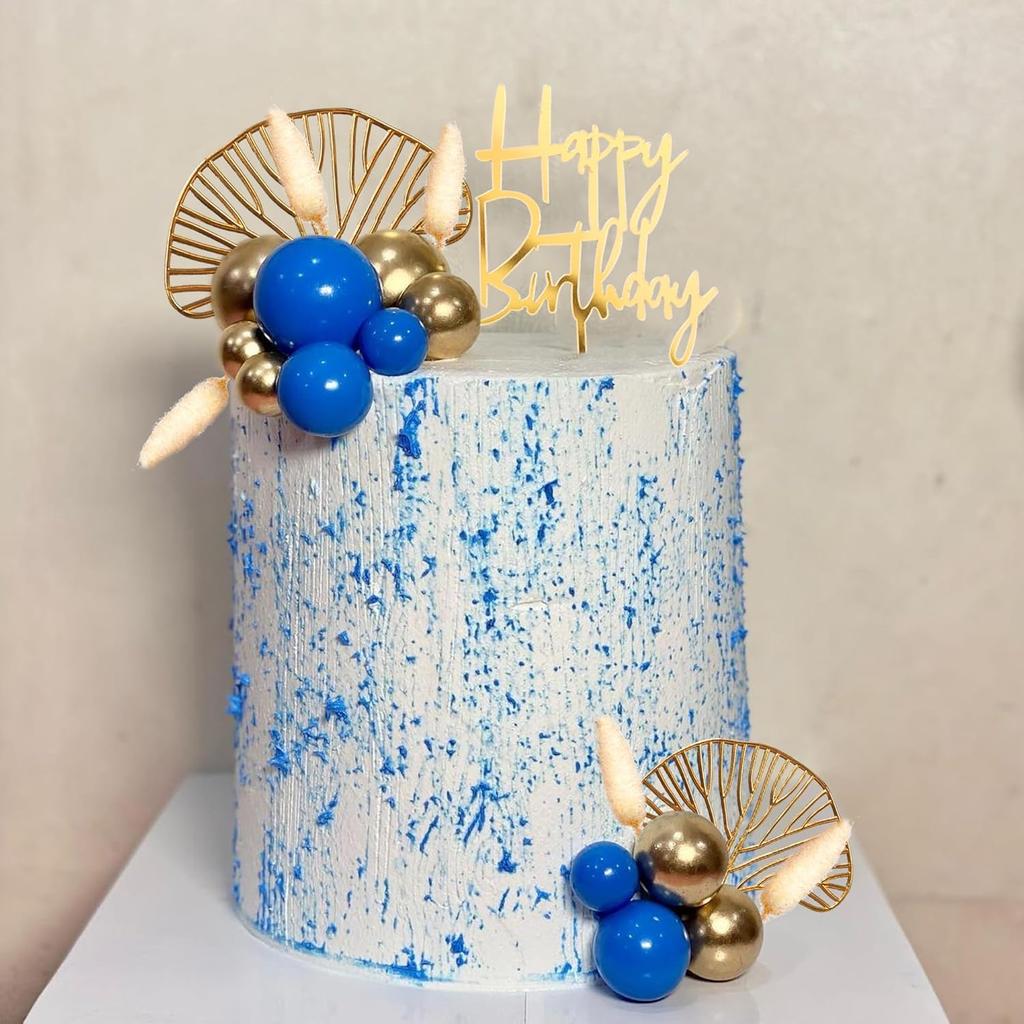 Boho Cake Topper Gold Blue Balls Cake Decorations Palm Leaves Boho Grass for Wedding Birthday Gold Blue Boho Themed Party