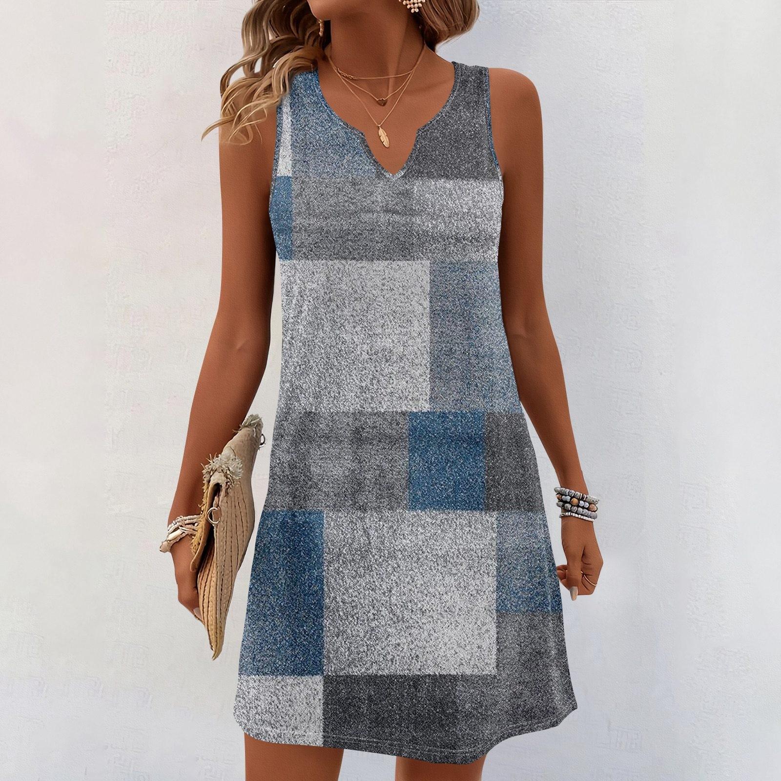 

Женские летние платья с V-образным вырезом и принтом без рукавов Сарафан Повседневное платье XXL синий