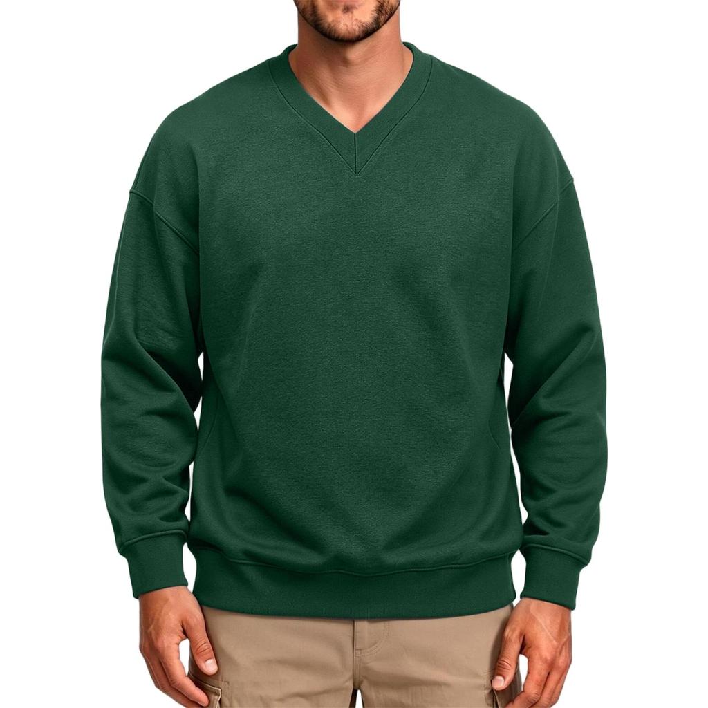 Men's V-Neck Long Sleeve T-Shirt Color Casual Top with Ribbed Cuffs
