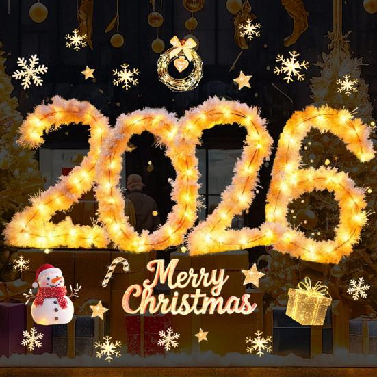 2026 Merry Christmas Window Cling Removable Waterproof PVC Xmas Golden Light String Static Glass Sticker Holiday Party Decoration Decal
