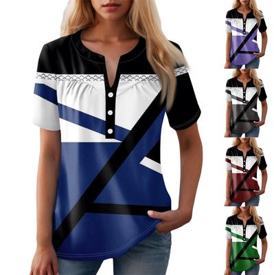 Women's Casual Floral Print V-Neck Short Sleeve Decorative Button T-Shirt Top