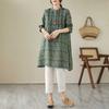 Women's Floral Print Cotton Linen Blend Long Sleeve Tunic Dress Pleated Stand Collar Loose Fit Casual Midi Shirt Dress