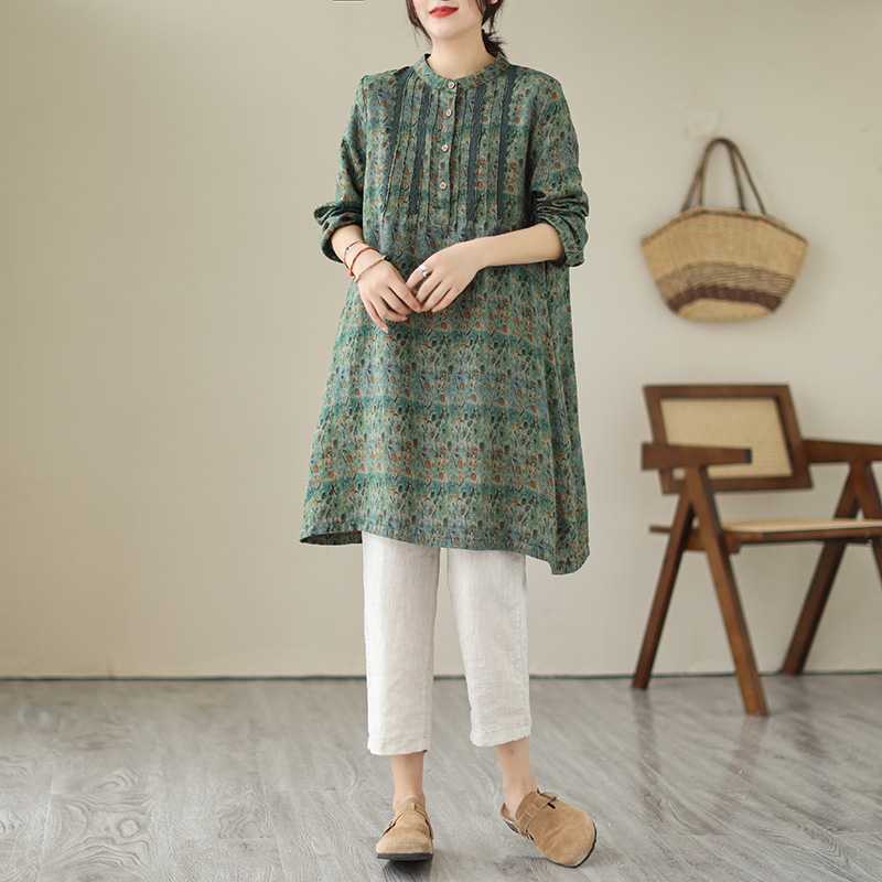 Women's Floral Print Cotton Linen Blend Long Sleeve Tunic Dress Pleated Stand Collar Loose Fit Casual Midi Shirt Dress
