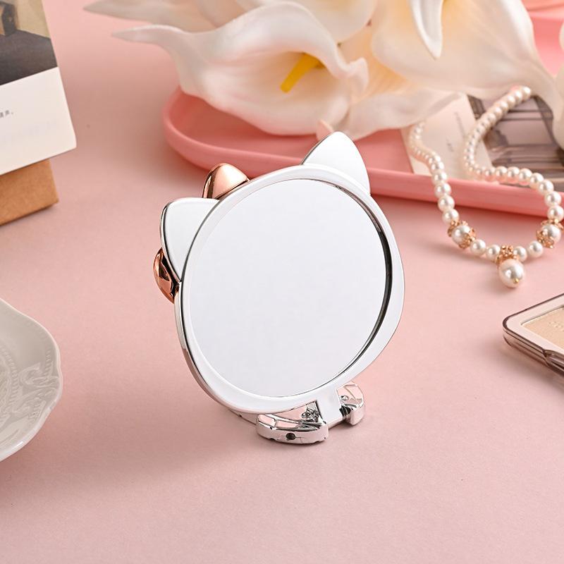 Compact Silver Handheld Folding Makeup Mirror with Cat Design