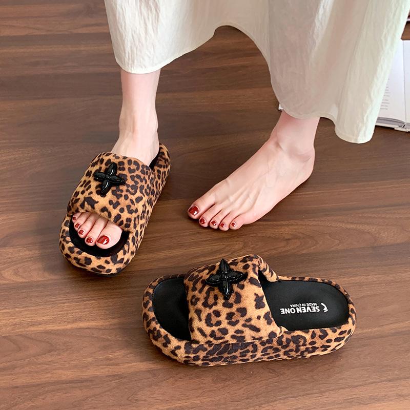 Cross Flower Small Man Increases Height Thick Sole 2025 New Summer Cool Slippers Women's Shoes Wear Leopard Print One-word Slippers