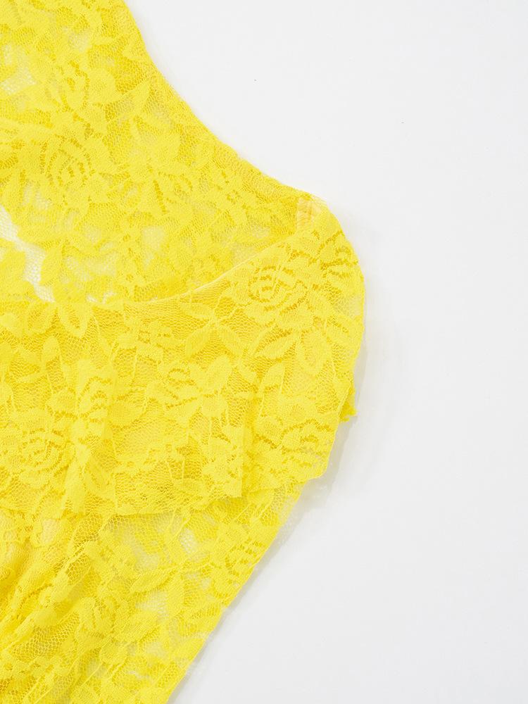 Summer Lace Ruffled Streamer Dress for Women Flare Long Sleeve V Neck Sexy Mini Dress See Through Fashion Elegant Dresses