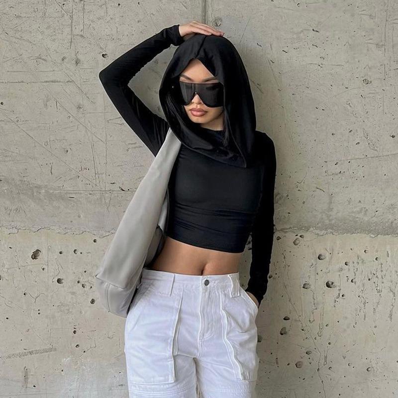 Hooded T-shirt Women's Slim Fit Long Sleeved Short Top