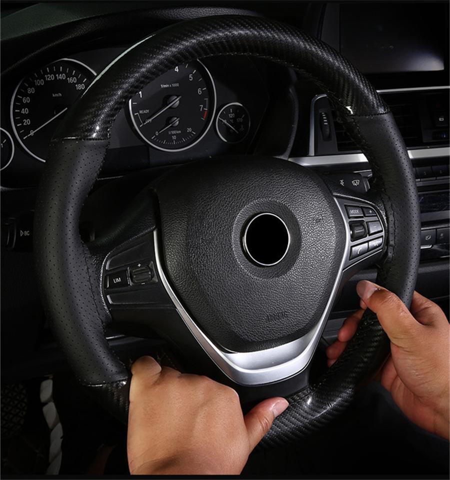 38cm PU Leather DIY Black Carbon Fiber Deluxe Car Steering Wheel Cover Trim 1Pcs