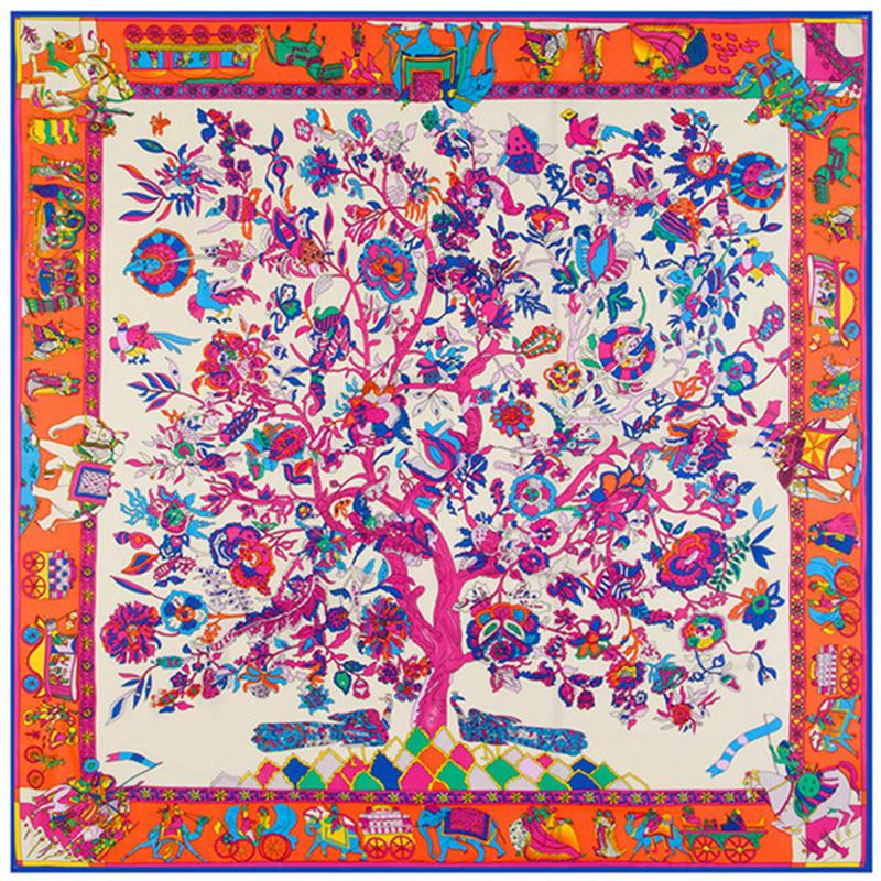130*130Cm Twill Silk Scarf Luxury Animal Elepha Life Tree Print Women Shawls Stoles Square Bandana Kerchief Hijab Female Foulard