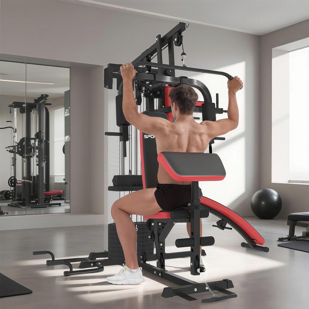Multi Gym Workout Station, Weight Machine with 65kg Weight Stack, Sit Up Bench, Push Up Stand, Dip Station