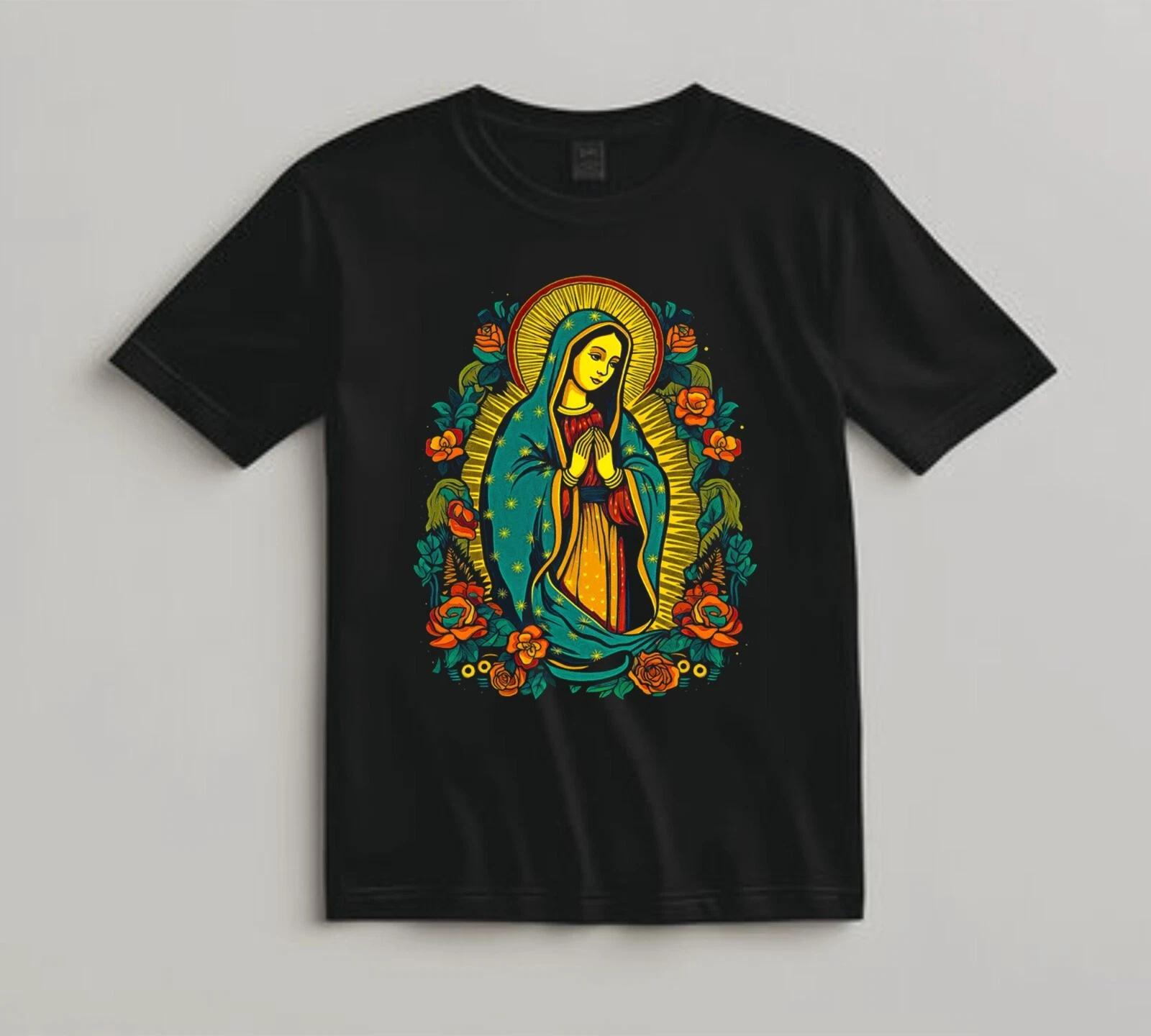 Virgin Mary Shirt Mexican Catholic Art Religious Casual Tee for Faithful Gift M