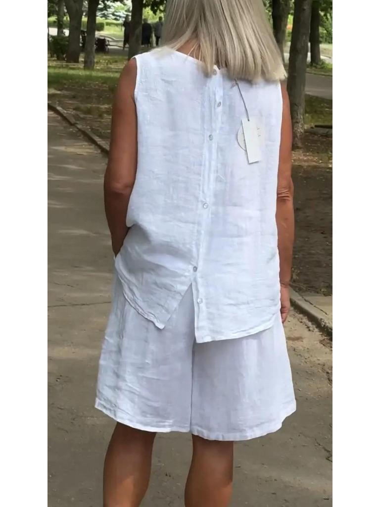 Women's Cotton & Linen Sleeveless Shorts Set - Casual Round Neck Design