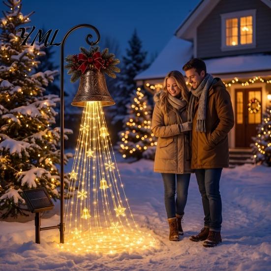Holiday Garden Stakes Christmas Bell Cascade Solar Light, Stake Light with Warm Glow LED Waterfall Outdoor Lights Effect, Powered Festive Pathway for