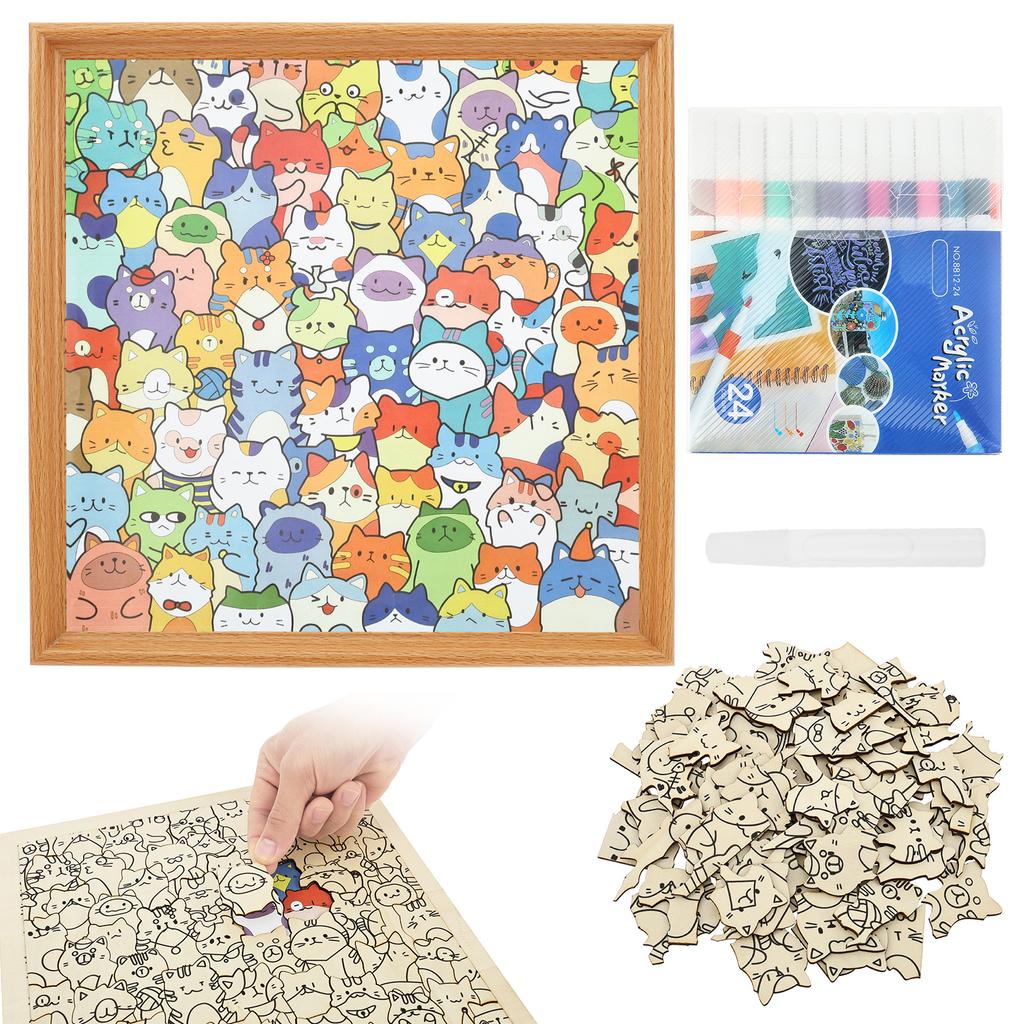 DIY Wooden Puzzle With Frame Cat/Dog/Rabbit Unique Animal Wood Puzzle Hand-Painted Coloring Wooden Puzzle Kid Gifts Home Decor