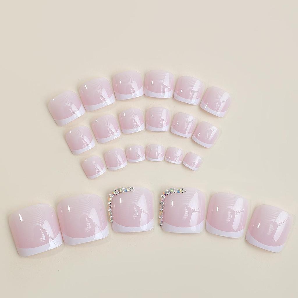 Removable Wearable Short Toenails: White French Edge with Rhinestones Fake Nail Stickers