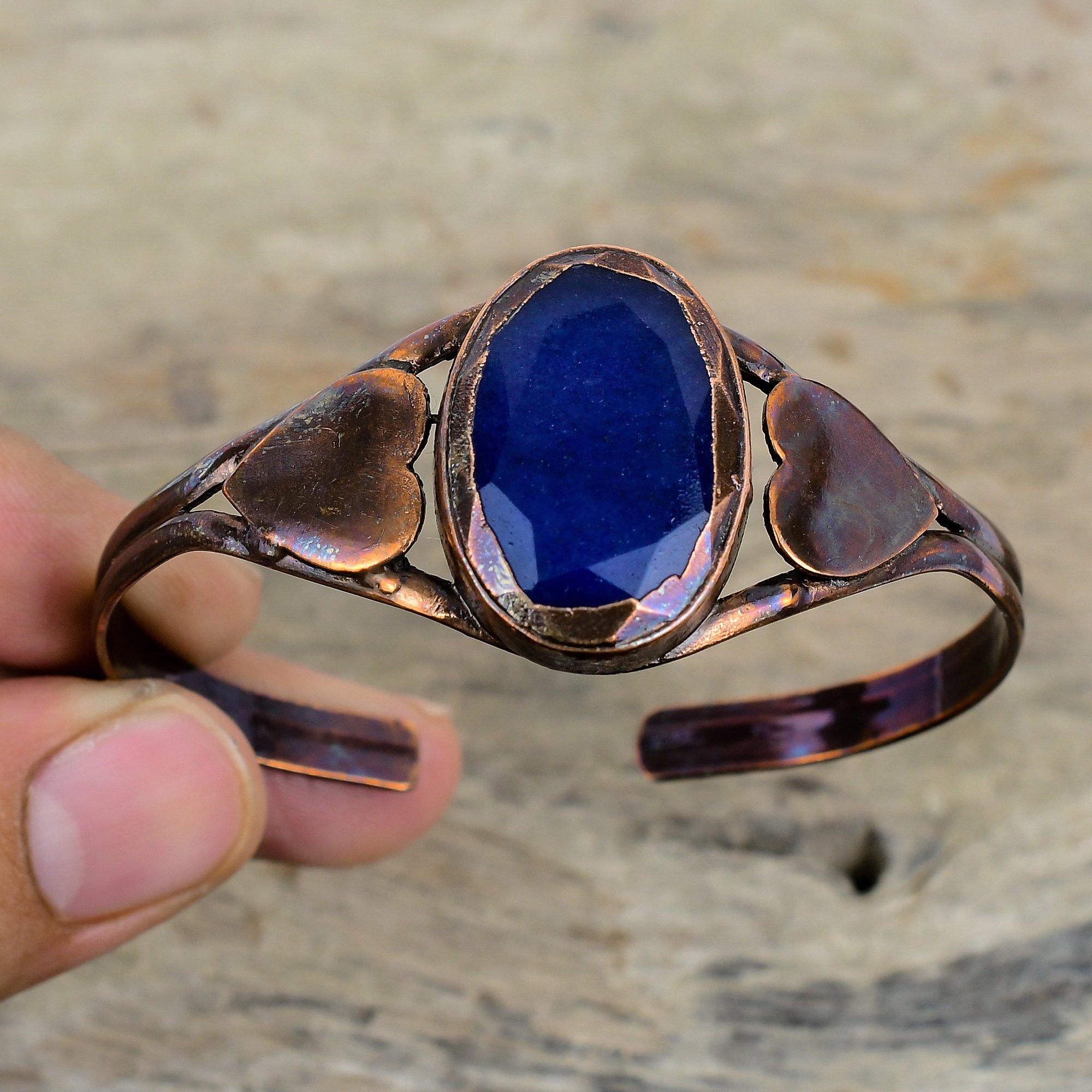 

Граненый браслет-манжета из синего сапфира, браслет-манжета с драгоценным камнем, гальванопластический медный браслет, ручная работа, регулируемый браслет, медные украшения, подарки на годовщину Adjustable