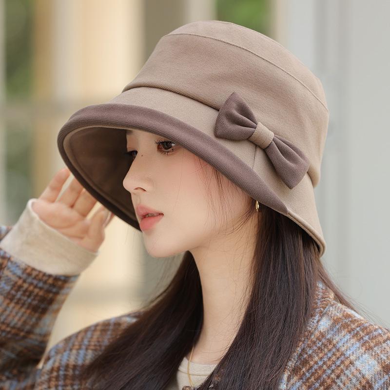 Autumn and winter hat women's casual versatile bucket hat shading bow basin hat showing face small bucket hat