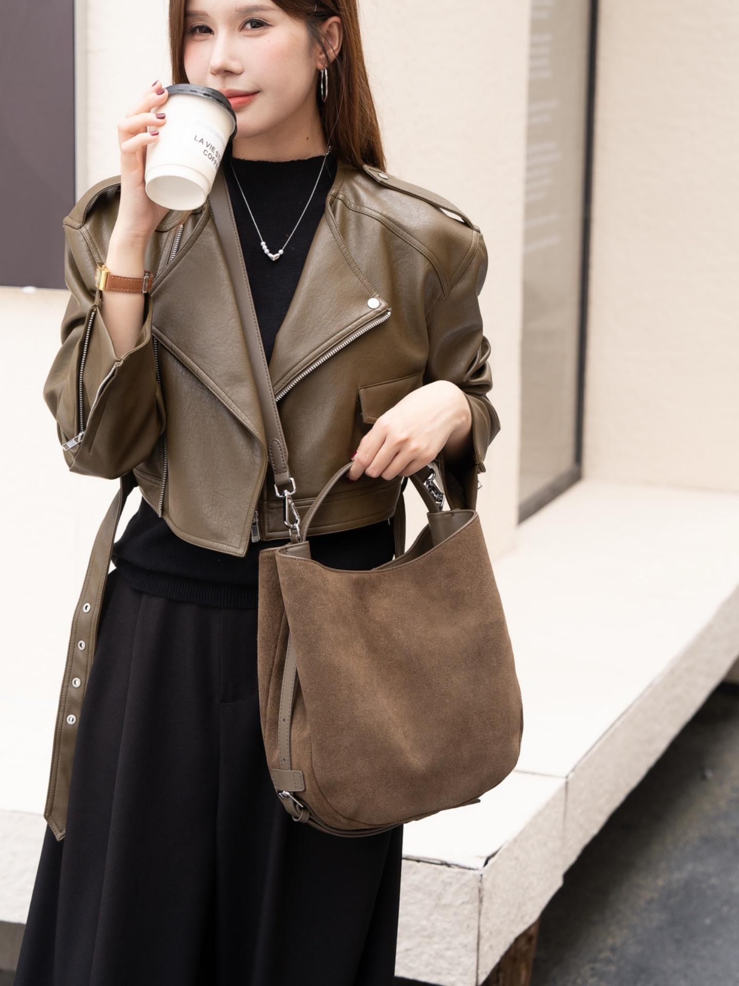 

Элегантная женская сумка-тоут большой вместимости - Универсальная сумка через плечо из натуральной кожи и замши хаки