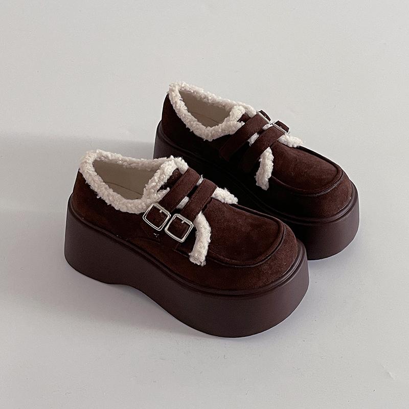 

Винтажные женские туфли Мэри Джейн на платформе, увеличивающие рост, с мехом, модные туфли-слипоны, женские платья, теплые хлопковые туфли на толстом каблуке 35