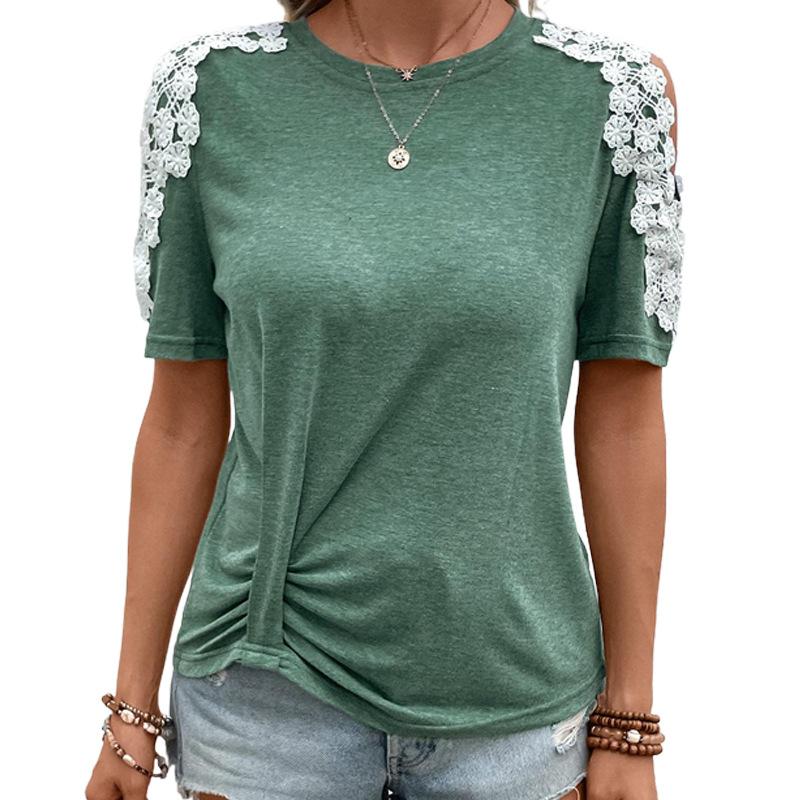 Sommer Damen T-Shirt Spitze Spleißen Scoop Kurzarm Top