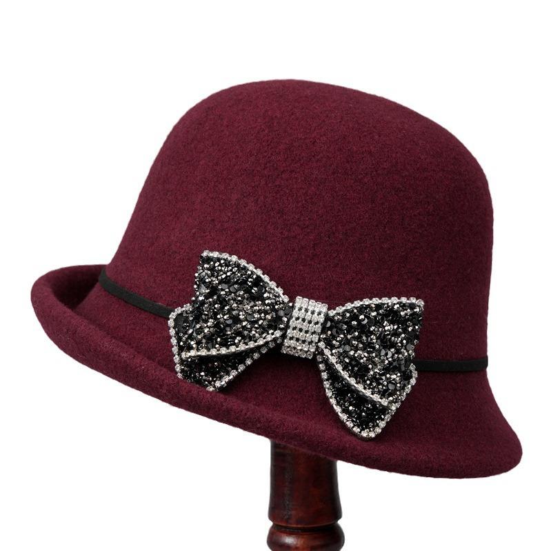 Ji Wool Top Hat Women Rhinestone Bow Socialite Small Brim French Retro Basin Hat Bucket Hat