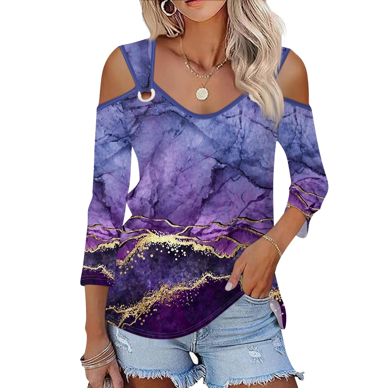 

Жіноча повсякденна сорочка, блуза з принтом і V-подібним вирізом, сексуальний топ із рукавами 3/4 на плечі XL фіолетовий