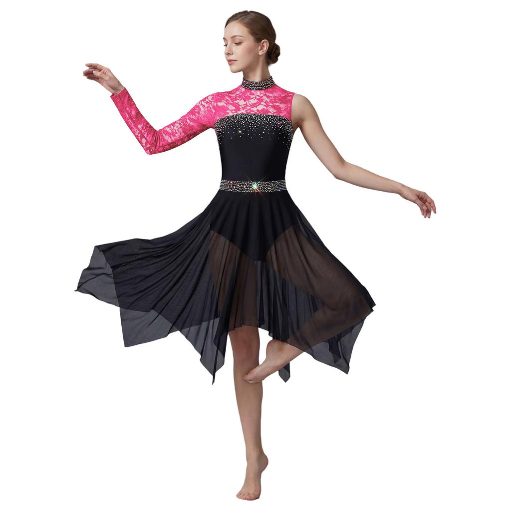 Women Modern Dance Costume Single Sleeve Dress Floral Lace Mesh Patchwork Rhinestone Classical Ballet Dance Outfit Lyrical Dress