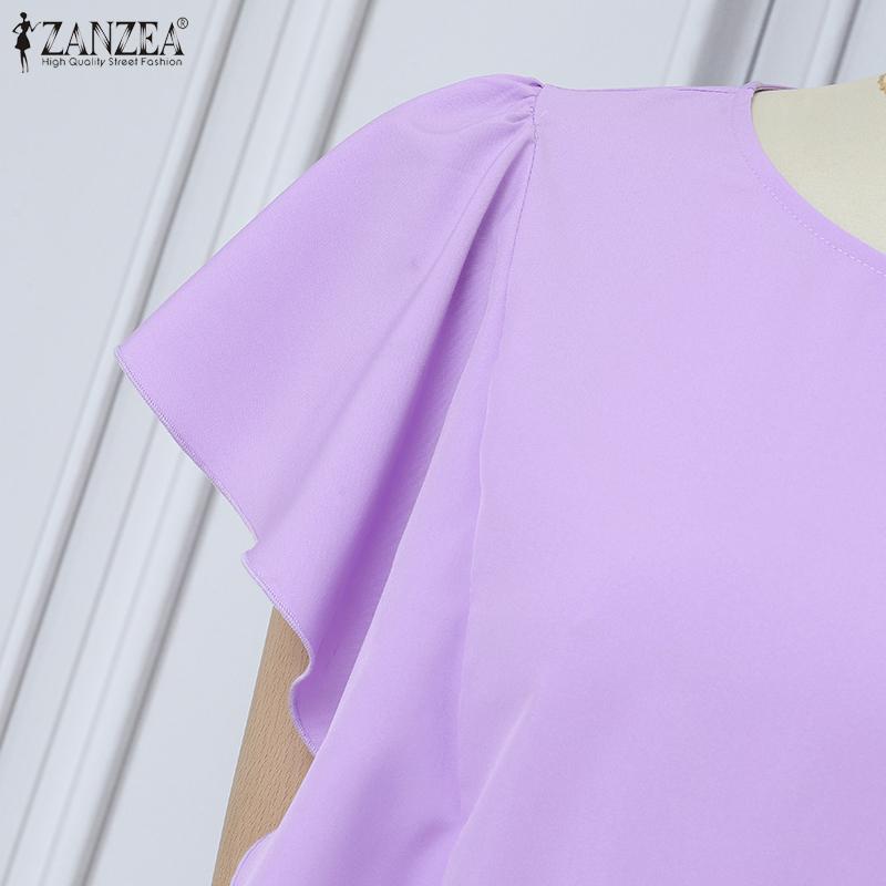 ZANZEA Women Casual Round Neck Loose Ruffles Short Sleeve Plain Blouse