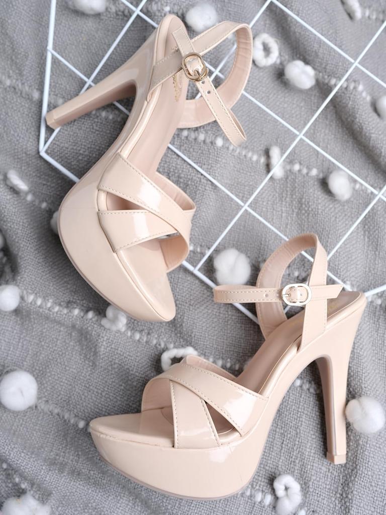 Shoetopia Women's High Heel Sandals Open Toe Stiletto Heels with Ankle Strap, Patent Party Dress Shoes Casual, Ethnic, Party & Wedding