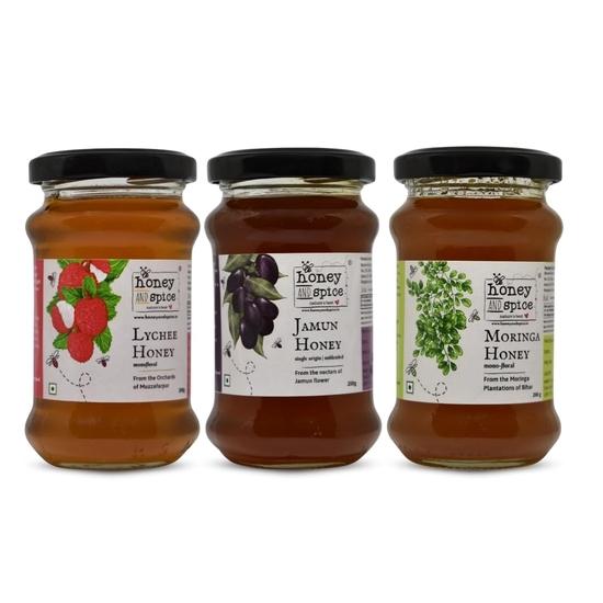 

Honey and Spice Mono-Floral Honey Combo (200g, Pack of 3) | Moringa, Jamun and Lychee | No Added Preservatives | 100% Raw and Pure | No Added Sugar