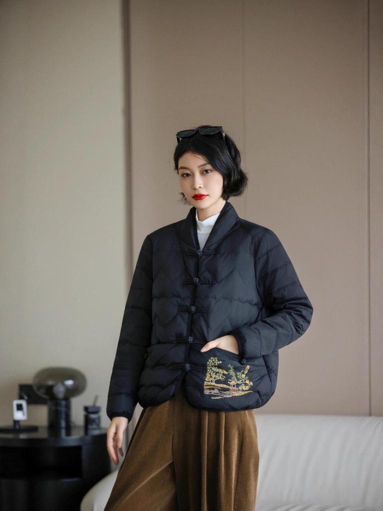 Chinese Style Embroidered Stand-up Collar Down Jacket with Frog Buttons