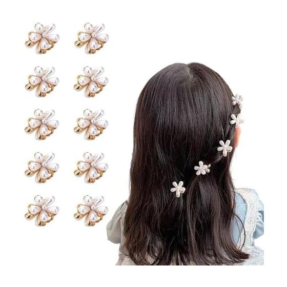 10pcs Mini Hair Clips for Bangs, Cute Flower Pearl Hair Accessories for Women, Party, Graduation, Wedding - Pearl