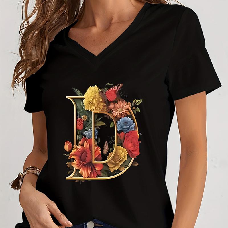 Women Tshirts AZ 26 Alphabet Flower Vintage Design Premium Tshirt Vintage Butterfly Flower 26 English Alphabet Summer Tshirt