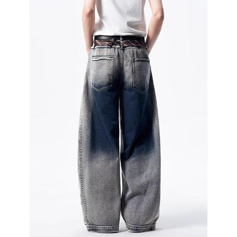 Tie-dye gradual change retro blue scimitar jeans American high street vibe pants men straight slightly wide leg casual pants