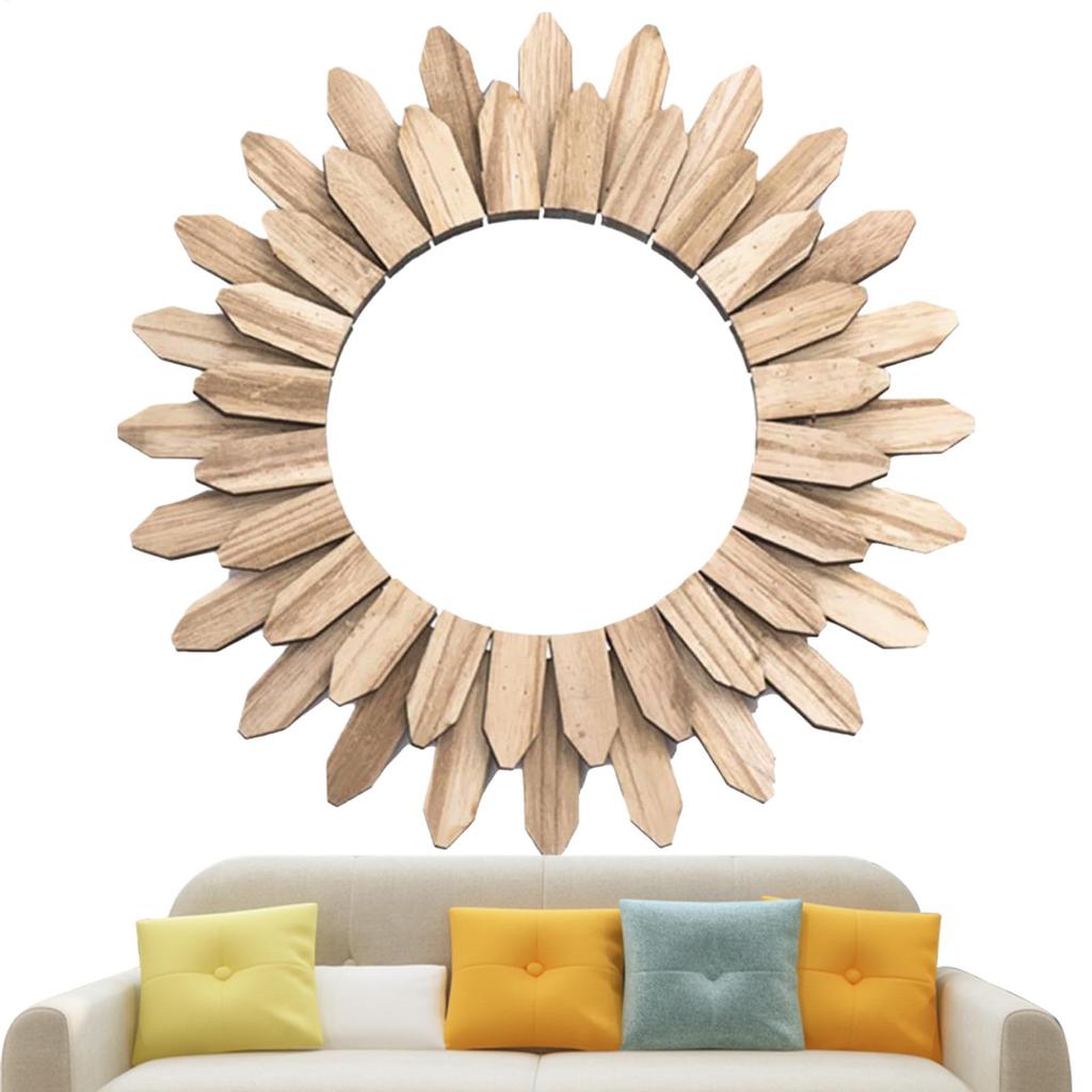 Wooden Mirror for Wall Round Wall Decor Decorative Sunflower Hangable Wooden Mirror for Dining Bathroom Living Room Hallway