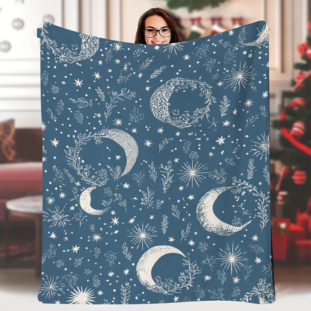 1Pc Cozy Blue Starry Night Blanket With Moon And Floral Design - 60X80 Inch, Soft Single-Sided Print, Perfect For Sofa, Chair,